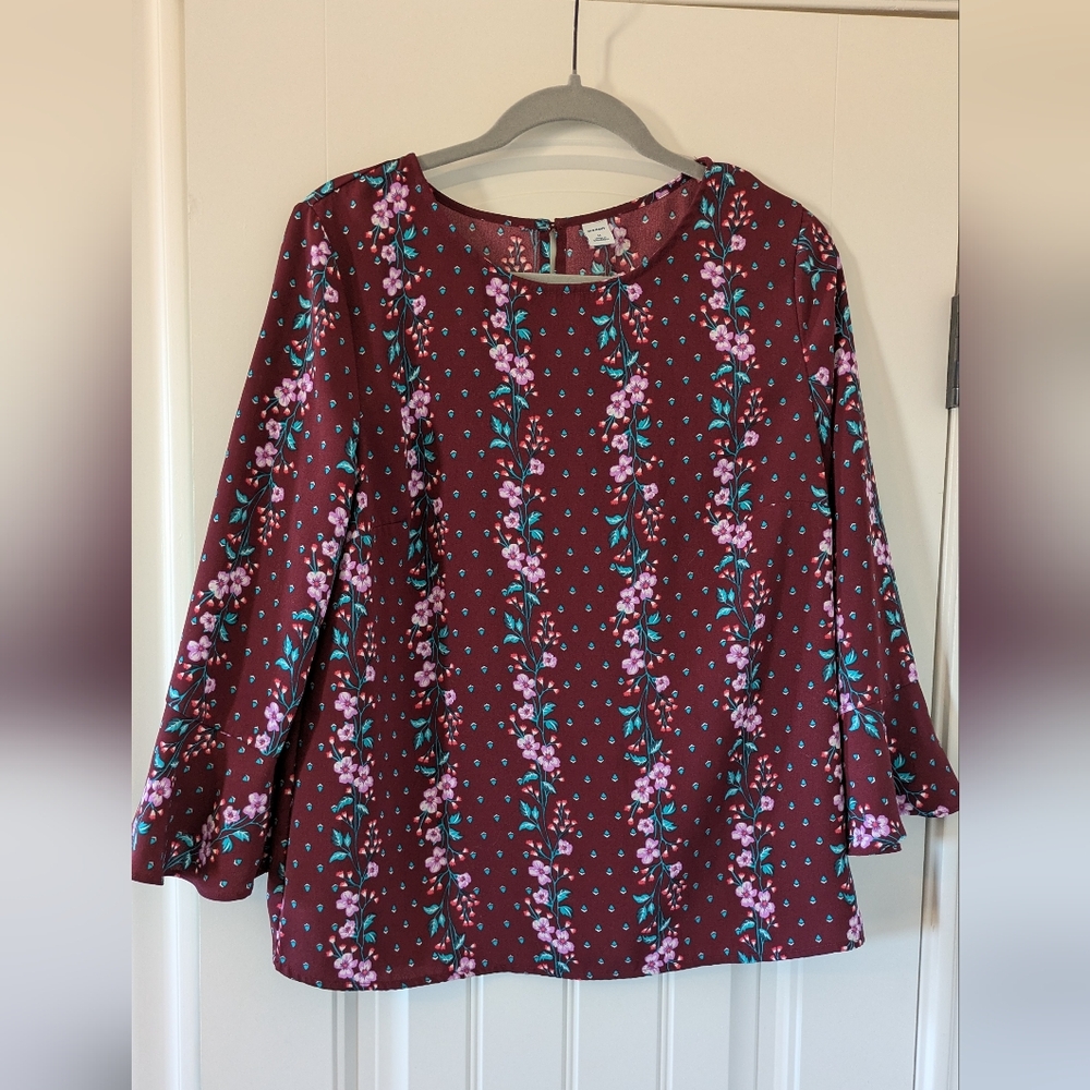 Burgundy Floral Bell-Sleeve Top